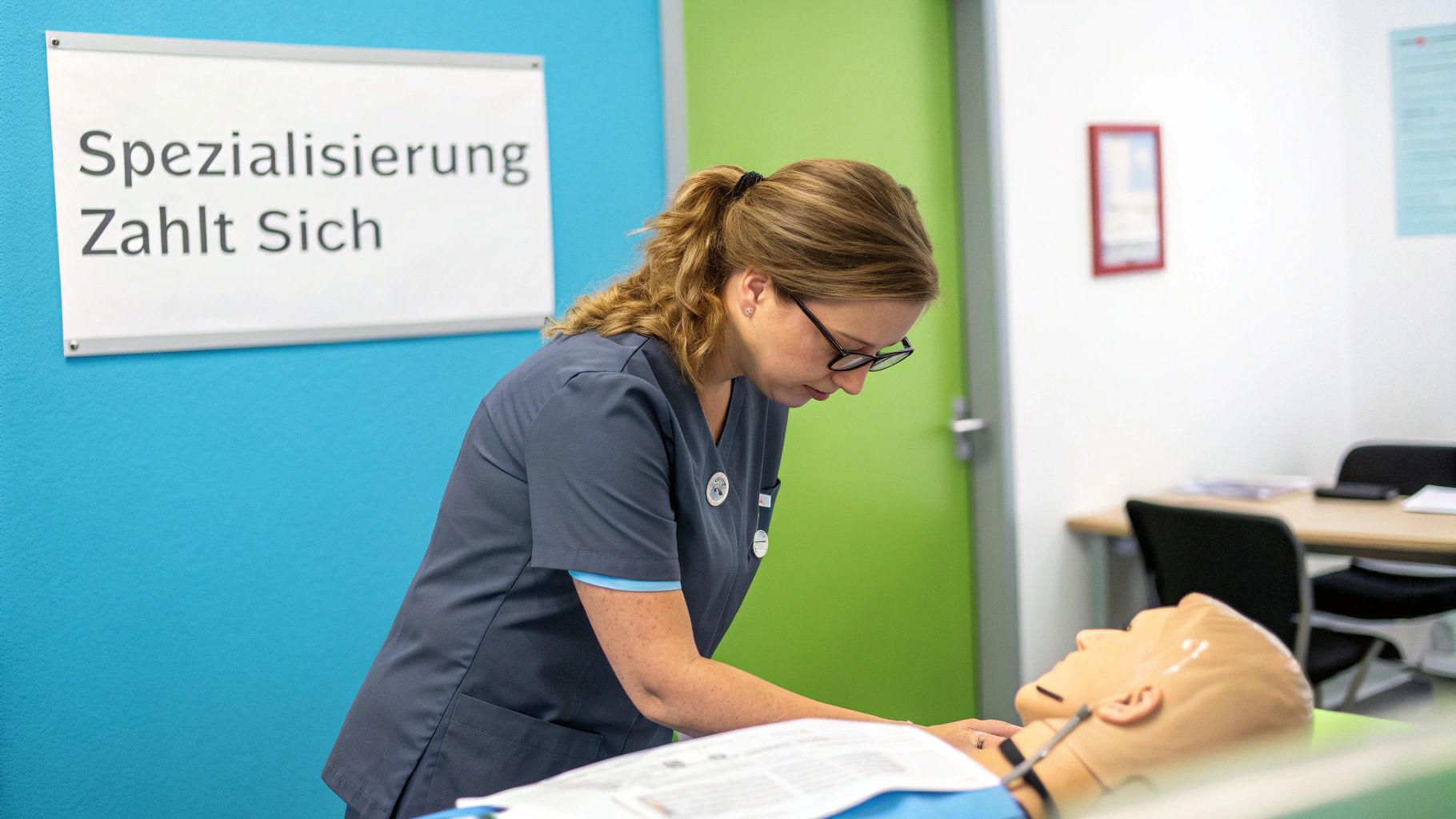 Eine examinierte Pflegefachkraft trainiert an einer medizinischen Puppe in einem Schulungsraum.