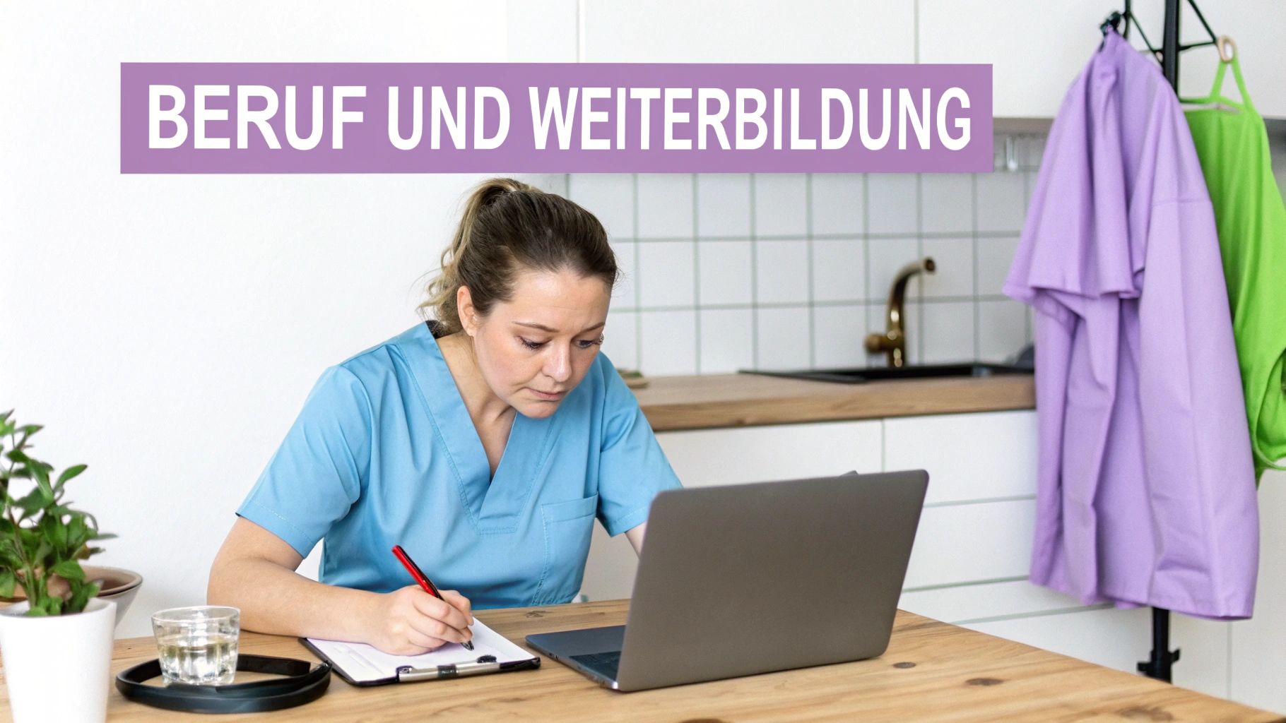 Frau in Krankenpflegerkleidung lernt am Laptop und schreibt, mit Text 'BERUF UND WEITERBILDUNG'.