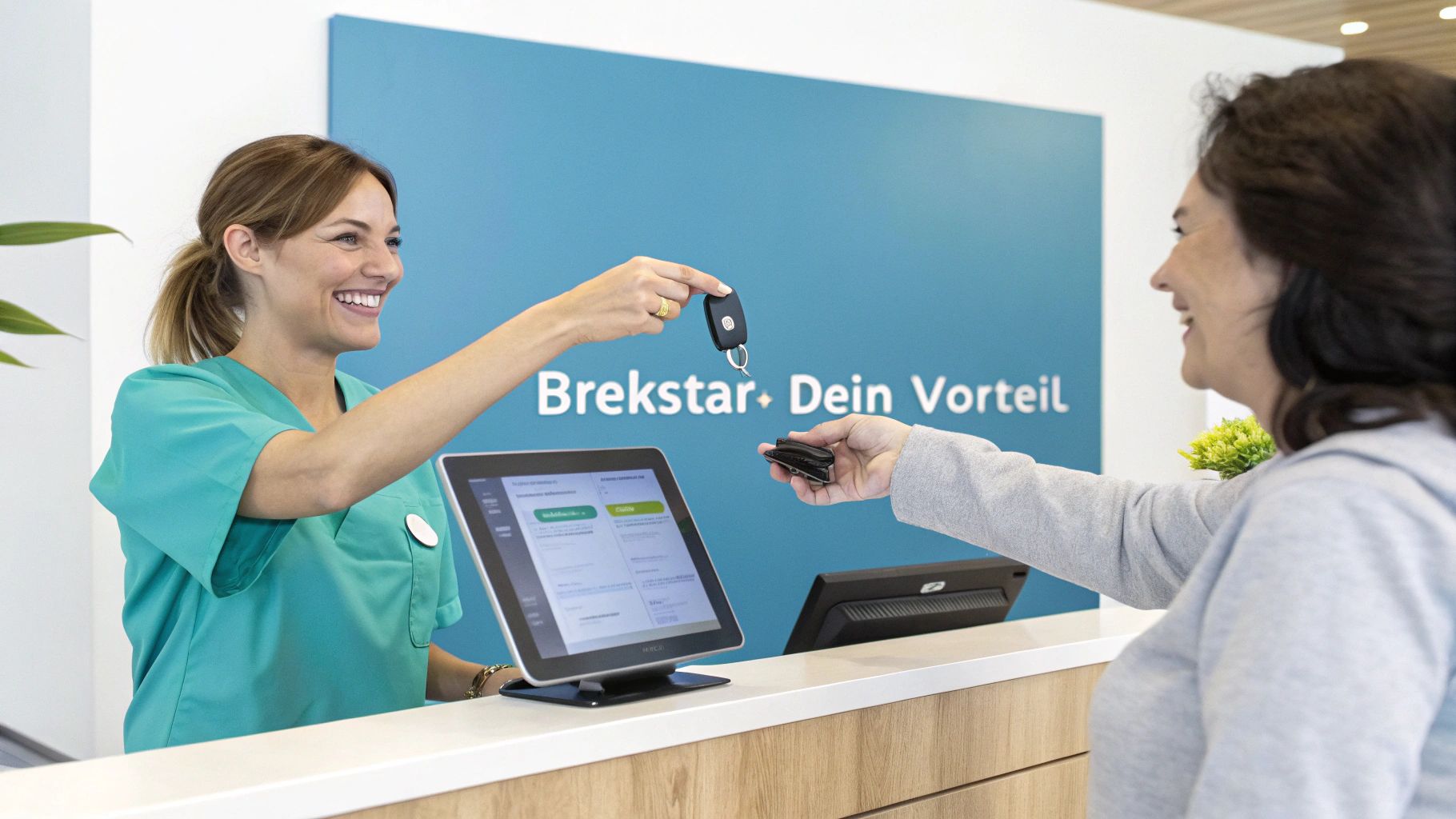 Lächelnde Pflegefachkraft übergibt einer Kundin Autoschlüssel an einem modernen Empfang.