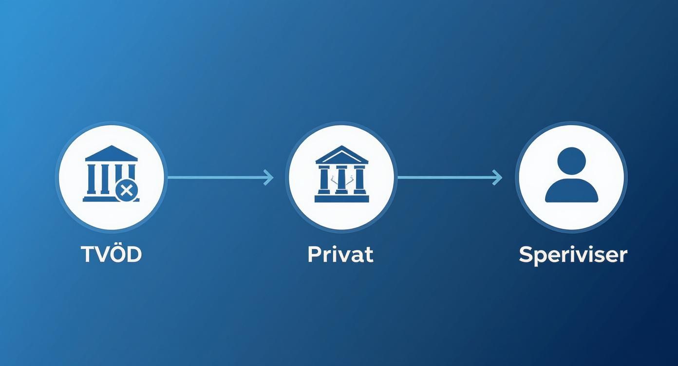 Flussdiagramm zeigt den Übergang von TVÖD (mit X) über Privat zu Speriviser, jeweils mit passenden Symbolen.