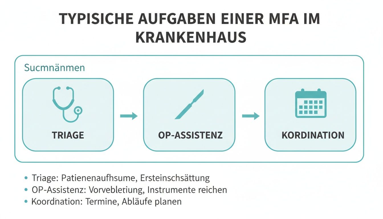 Dieses Diagramm zeigt die typischen Aufgaben einer MFA im Krankenhaus: Triage, OP-Assistenz und Koordination.