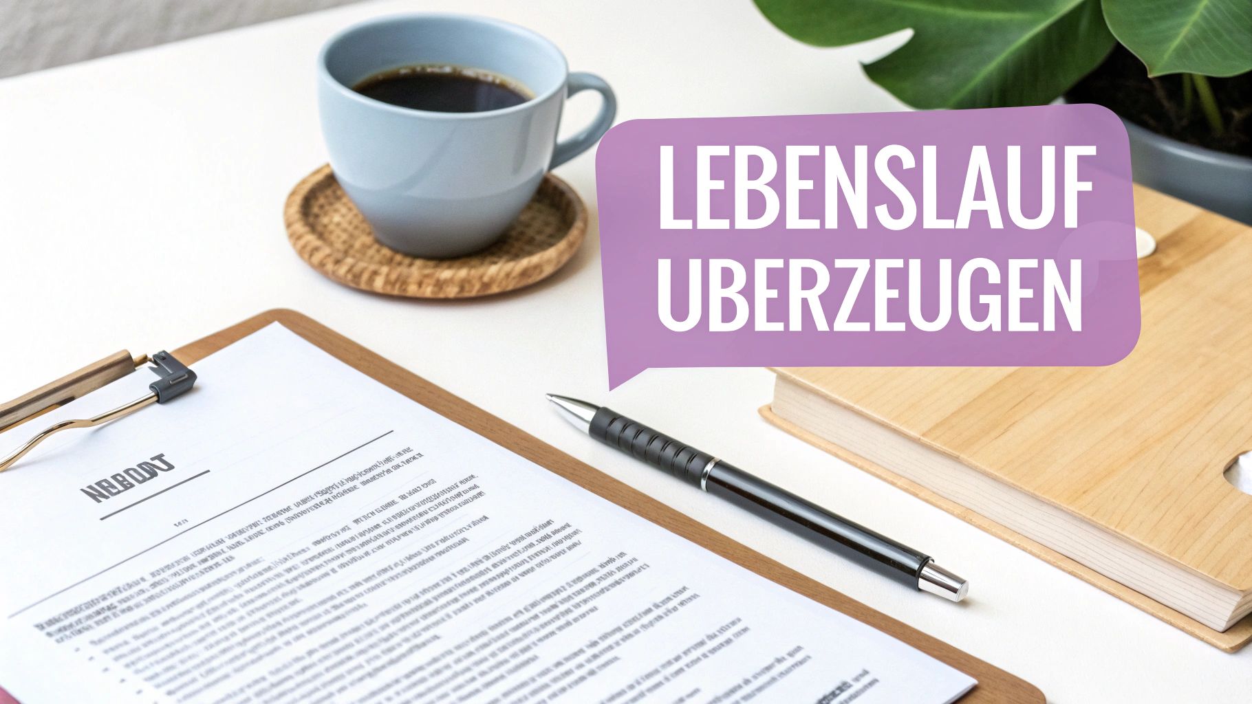 Ein Schreibtisch mit Lebenslauf auf einem Klemmbrett, Stift, Kaffee und einer Sprechblase mit der Aufschrift 'Lebenslauf überzeugen'.