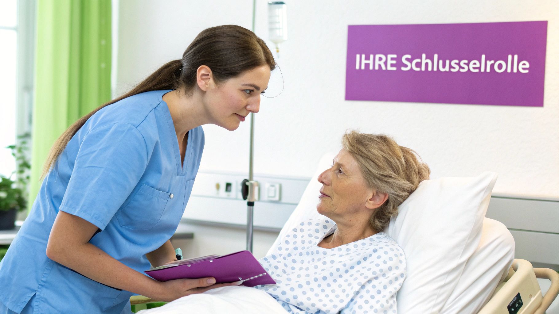 Eine Krankenschwester spricht einfühlsam mit einer älteren Patientin im Krankenhausbett, die ihr zuhört.