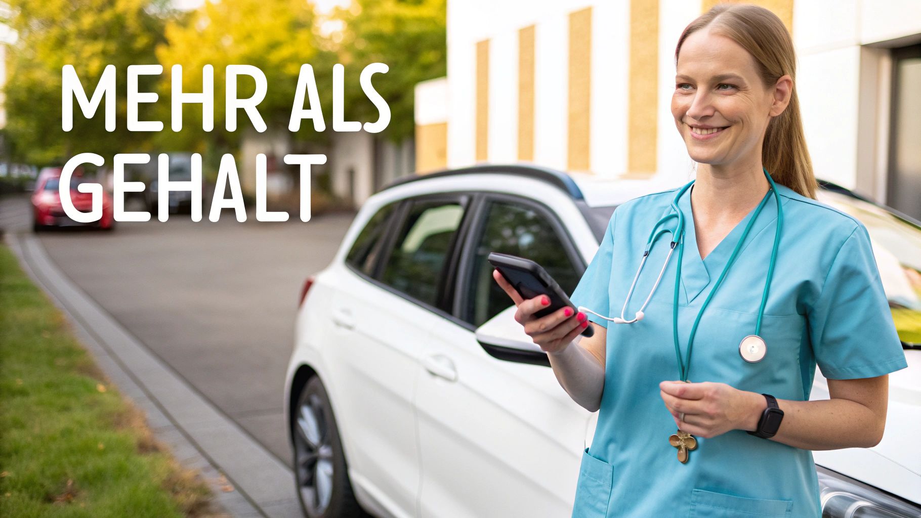 Eine lächelnde Krankenschwester in Arbeitskleidung mit Stethoskop und Smartphone steht auf einer Straße neben einem Auto. Text: MEHR ALS GEHALT.