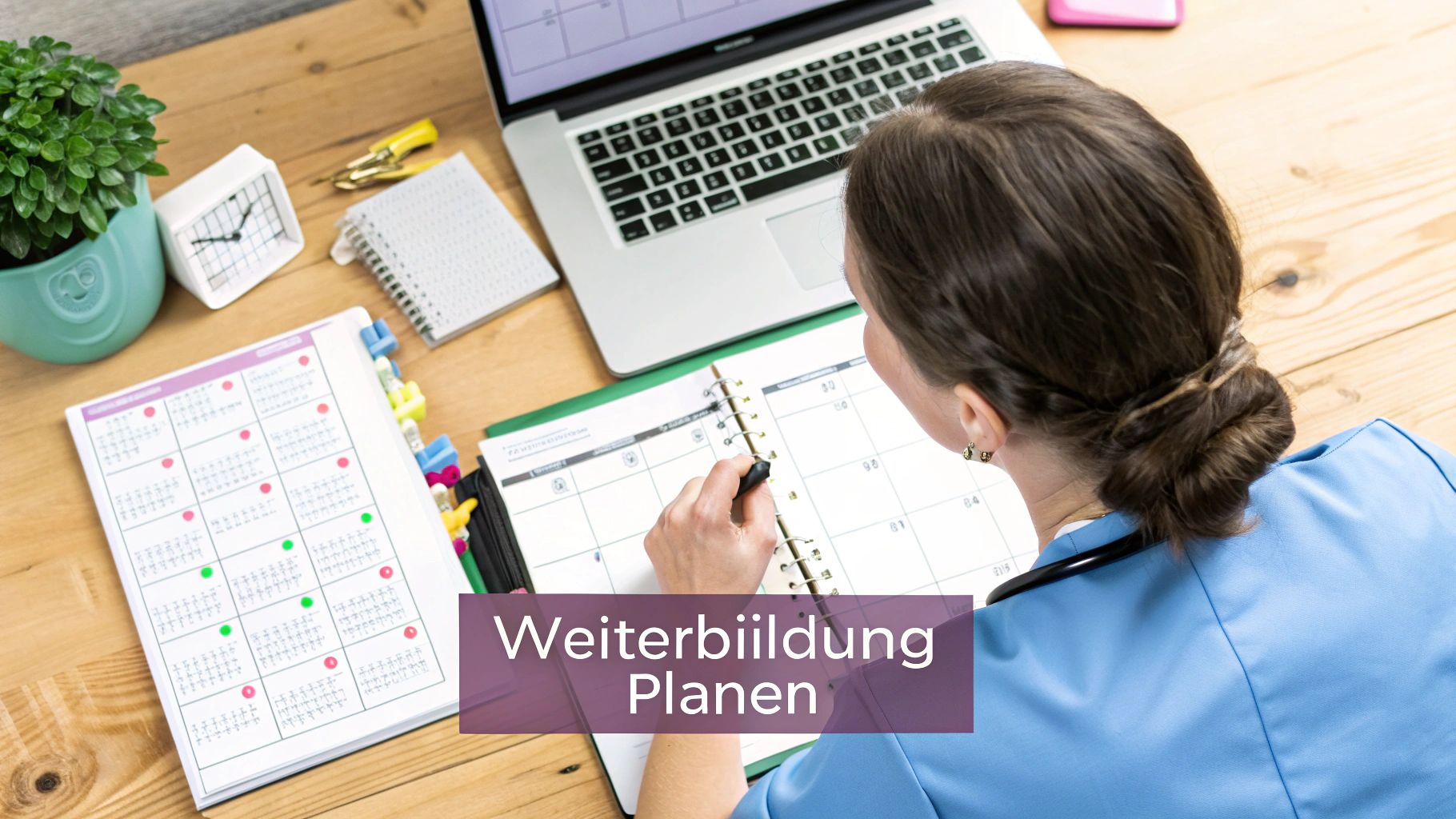 Eine Frau plant ihre berufliche Weiterbildung am Schreibtisch mit Kalender und Laptop.