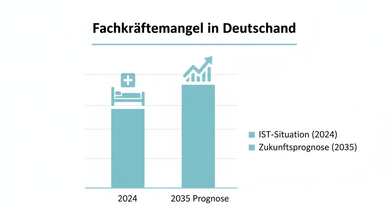 Balkendiagramm: Fachkräftemangel in Deutschland, aktuelle Situation (2024) und steigende Prognose (2035).