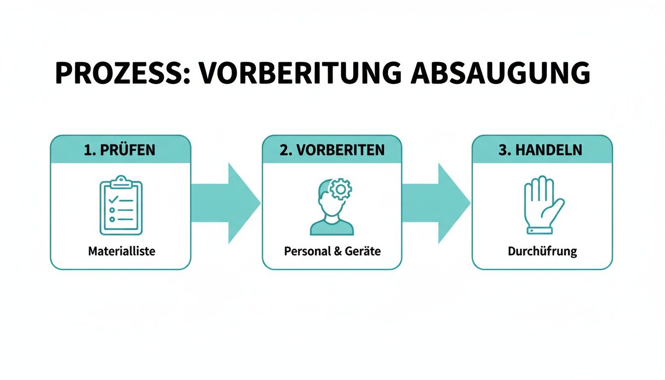 Infografik zum Prozess der Absaugvorbereitung: Prüfen der Materialliste, Vorbereiten von Personal und Geräten, und Durchführung.