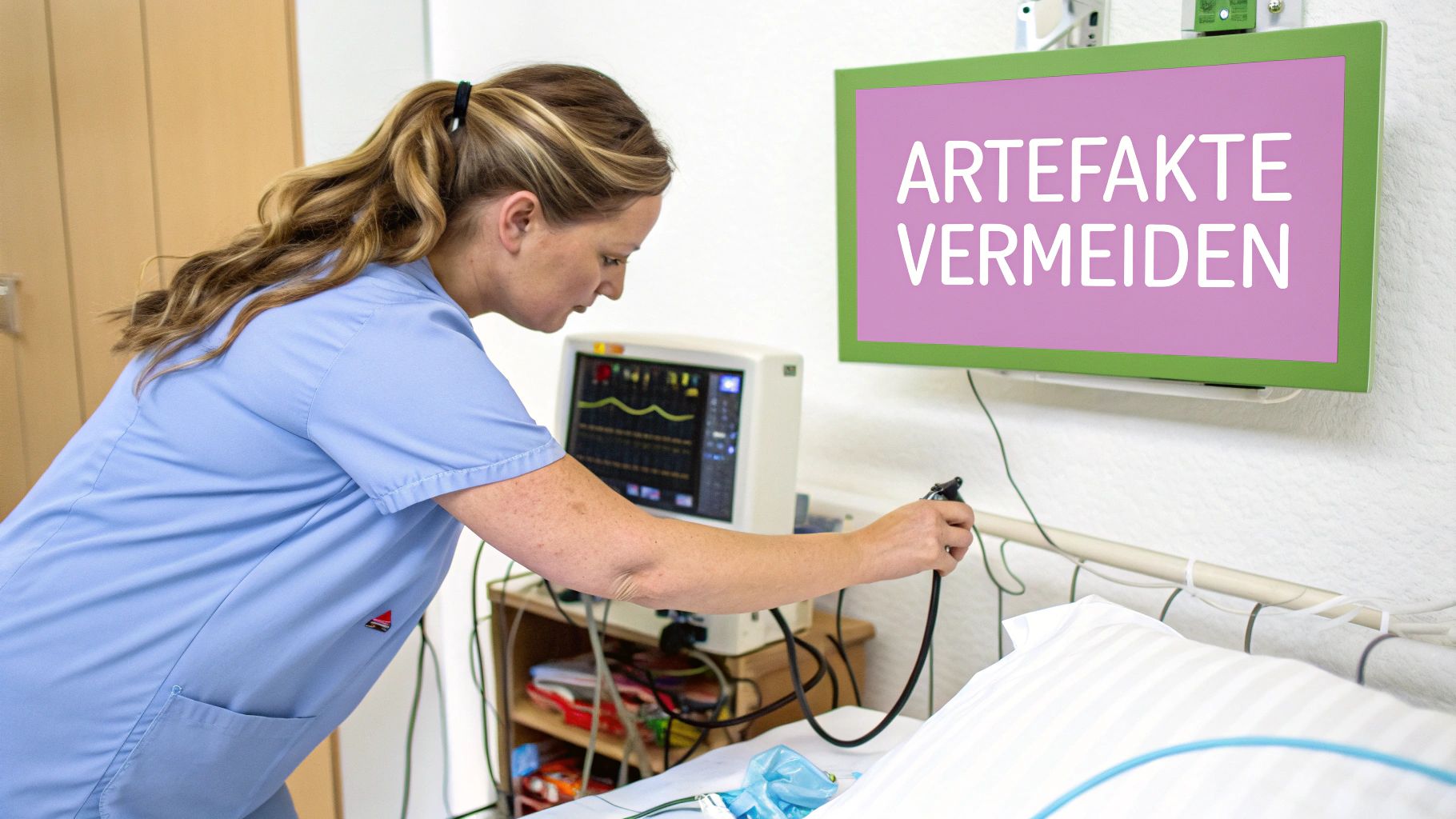 Pflegekraft bereitet medizinische Geräte am Patientenbett vor, mit Bildschirm, der 'ARTEFAKTE VERMEIDEN' anzeigt.