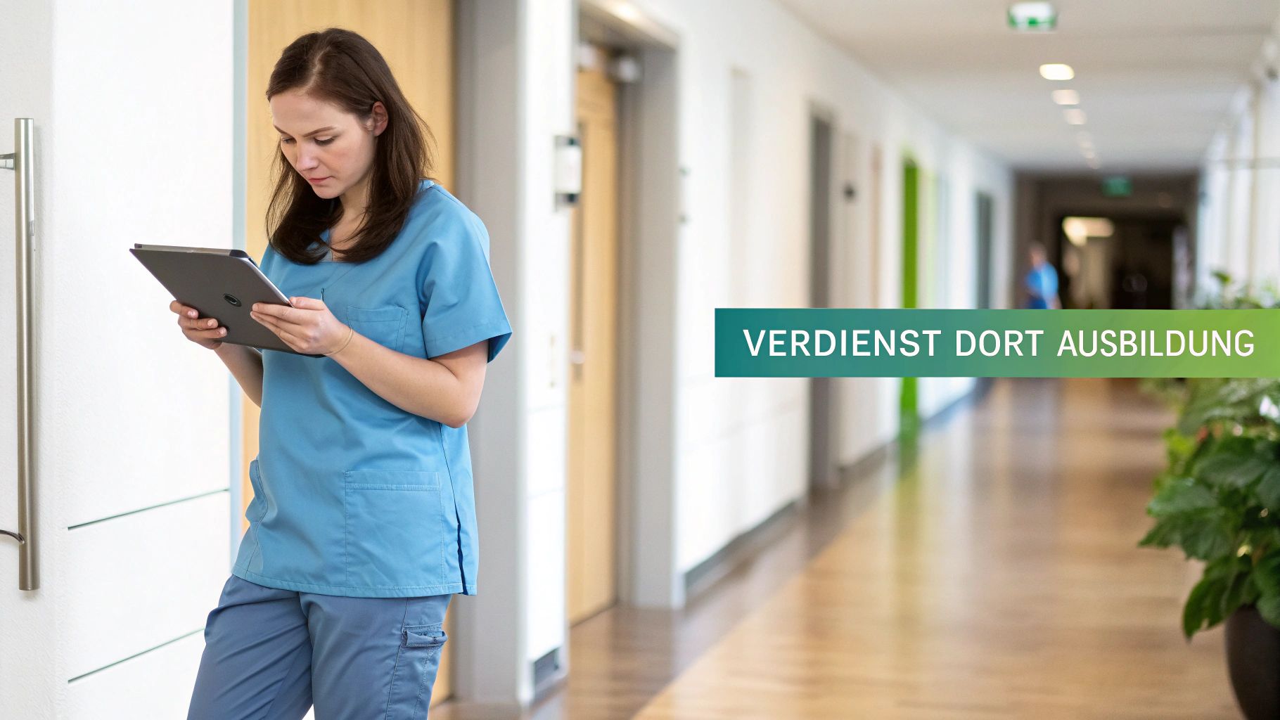Eine Pflegeassistentin in blauer Uniform steht in einem Krankenhausflur und schaut auf ein Tablet.