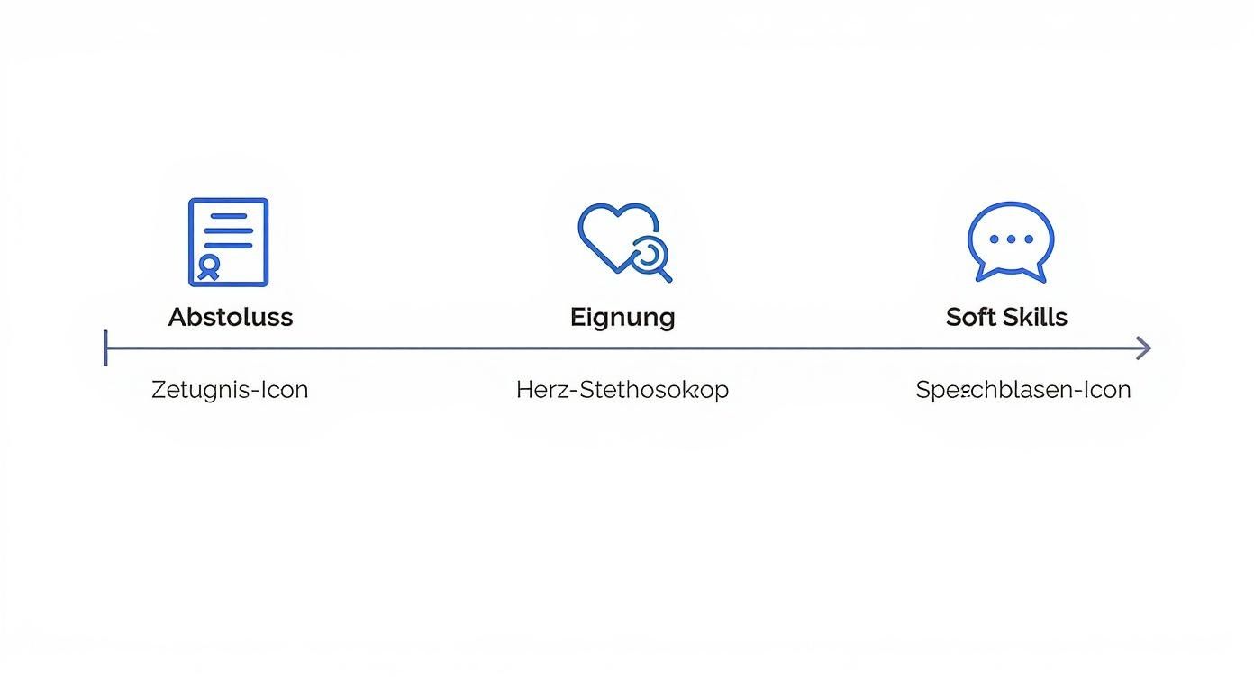Drei Icons auf einer Zeitachse symbolisieren Abschluss, Eignung und Soft Skills für eine Ausbildung.