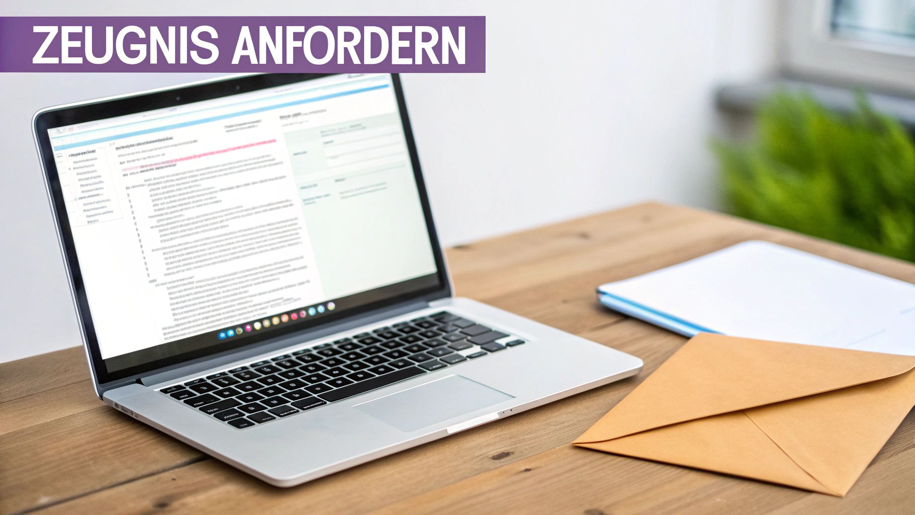 Laptop auf Holztisch mit dem Text "ZEUGNIS ANFORDERN", daneben liegen ein Umschlag und ein Notizbuch.