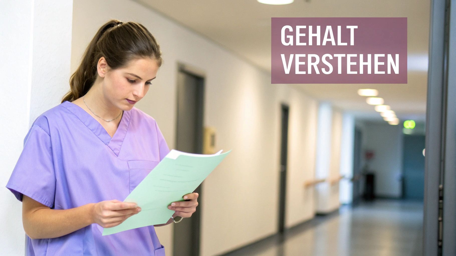 Junge Frau in lila Kasack liest Dokumente in einem Flur, mit Text 'Gehalt verstehen'.