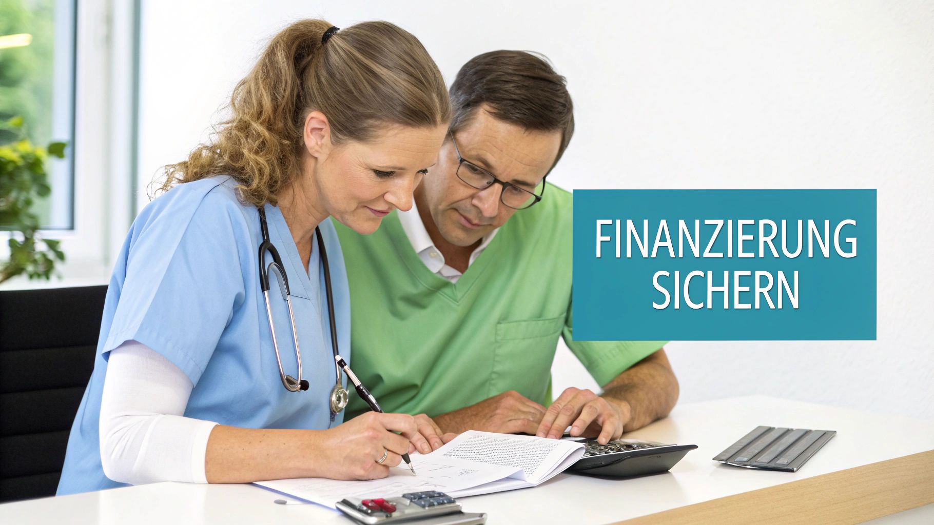 Krankenschwester und Arzt besprechen Finanzen, sichten Unterlagen und nutzen einen Taschenrechner. Text: FINANZIERUNG SICHERN.