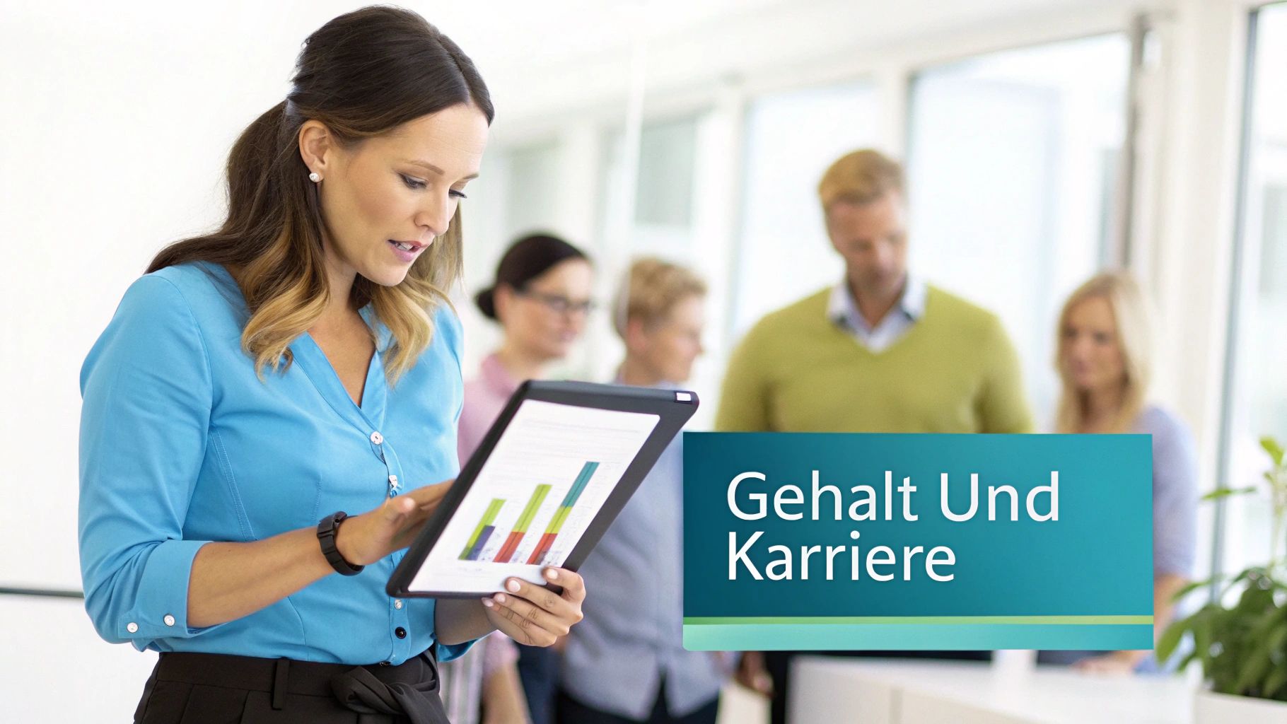 Geschäftsfrau betrachtet auf einem Tablet ein Balkendiagramm, Kollegen im unscharfen Hintergrund. Text: Gehalt und Karriere.