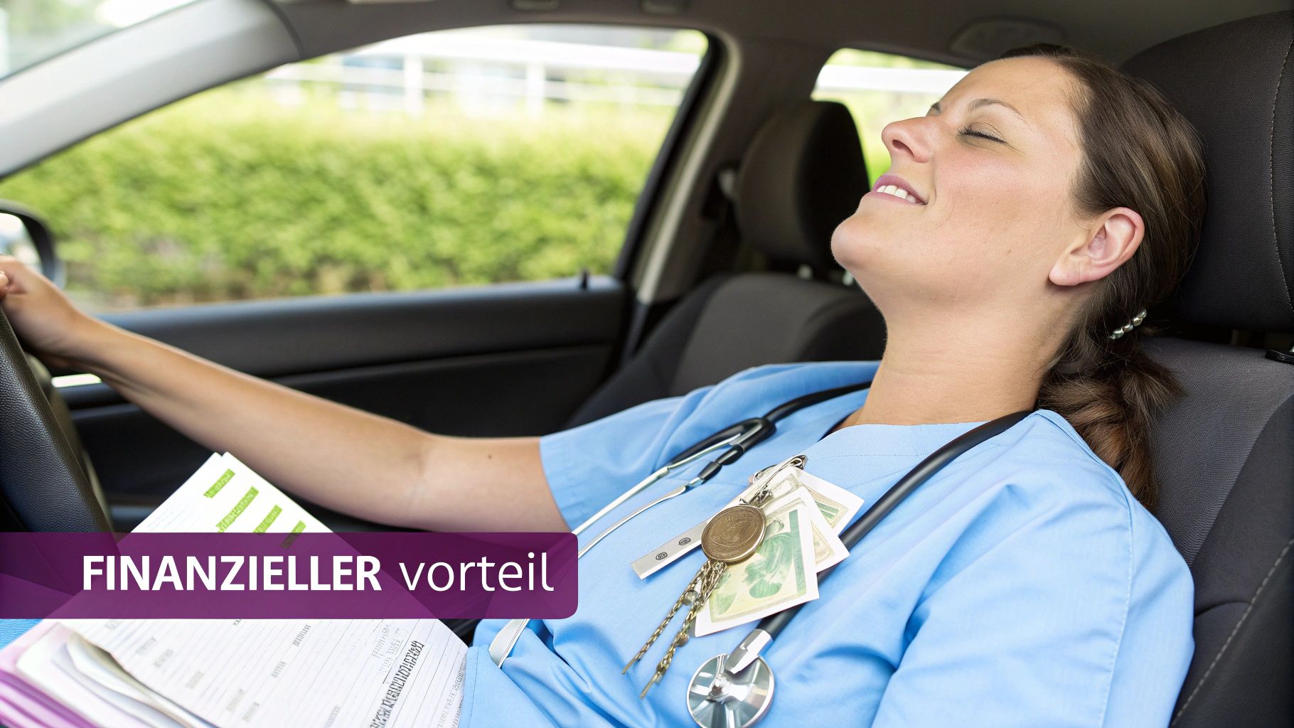 Eine entspannte Krankenschwester im Dienstwagen mit Stethoskop, Schlüssel und Geld, die einen finanziellen Vorteil genießt.