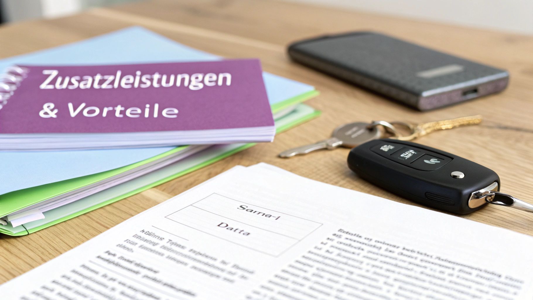 Schreibtisch mit Dokumenten, Autoschlüssel, Smartphone und einer Broschüre über Zusatzleistungen und Vorteile.