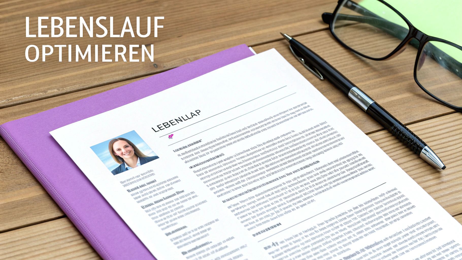 Detailansicht eines Lebenslaufs mit Bewerbungsmappe, Stift und Brille auf einem Holztisch zur Optimierung der Bewerbung.