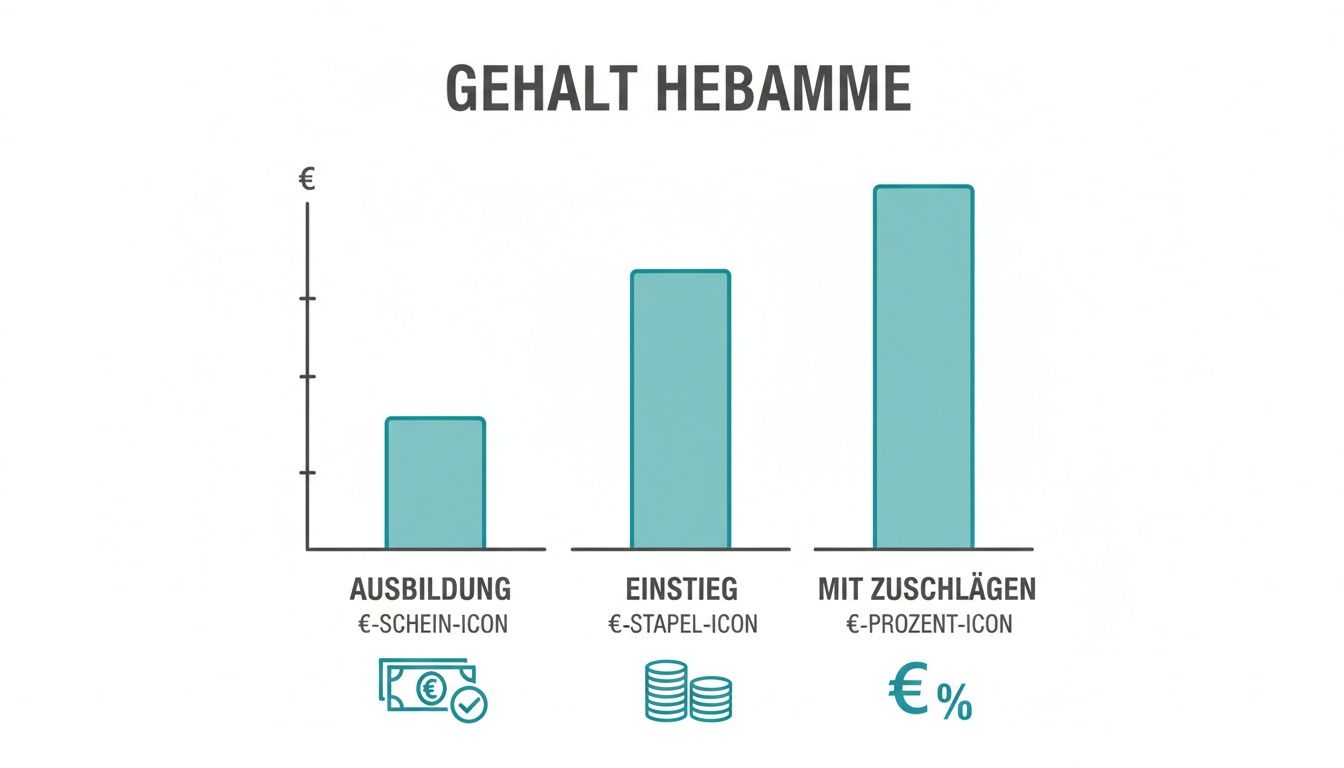 Balkendiagramm zum Gehalt einer Hebamme, zeigt Einkommen während Ausbildung, beim Berufseinstieg und mit Zuschlägen.