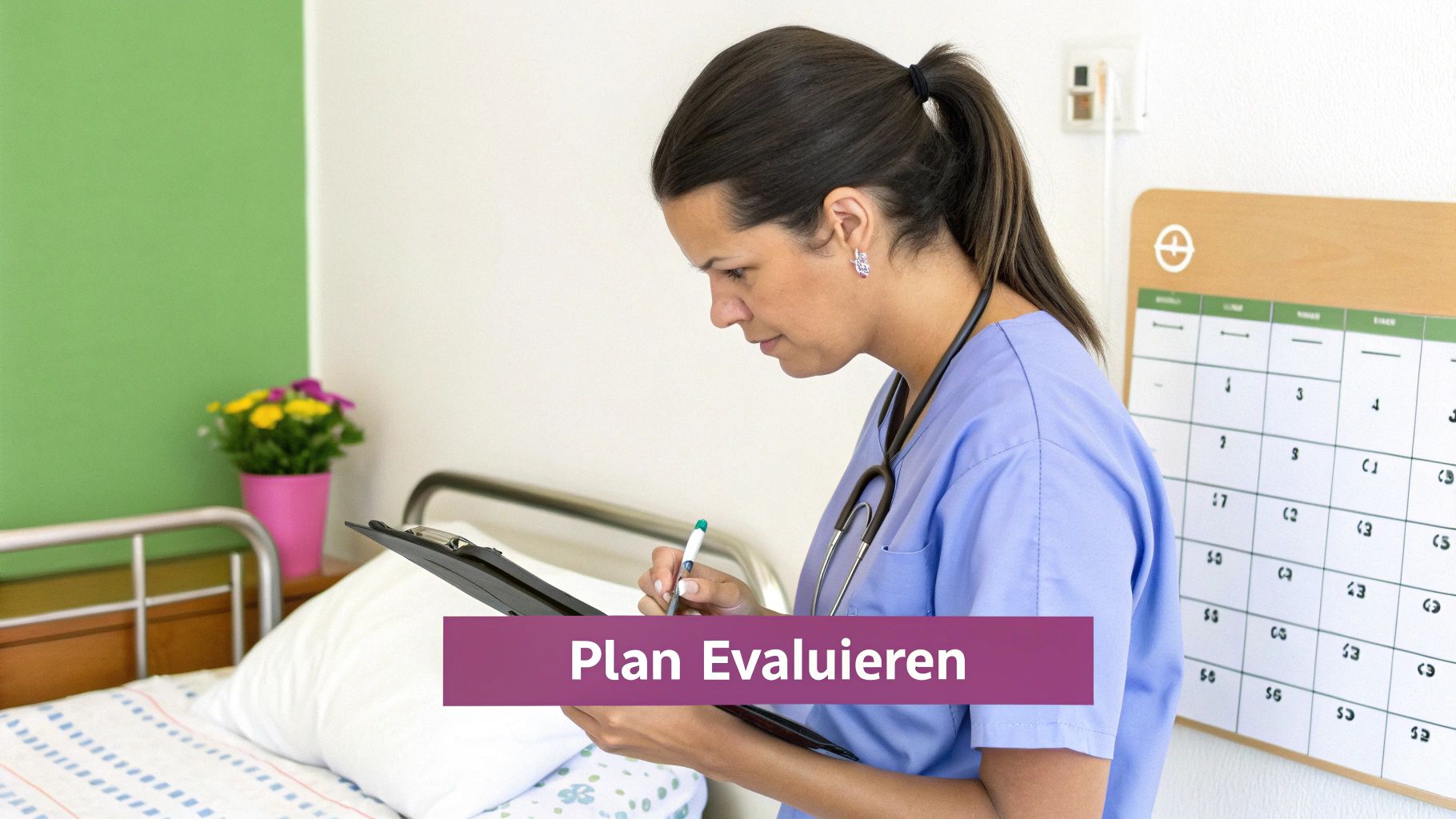 Eine Pflegekraft evaluiert einen Plan in einem Krankenhauszimmer und schreibt auf ein Klemmbrett.