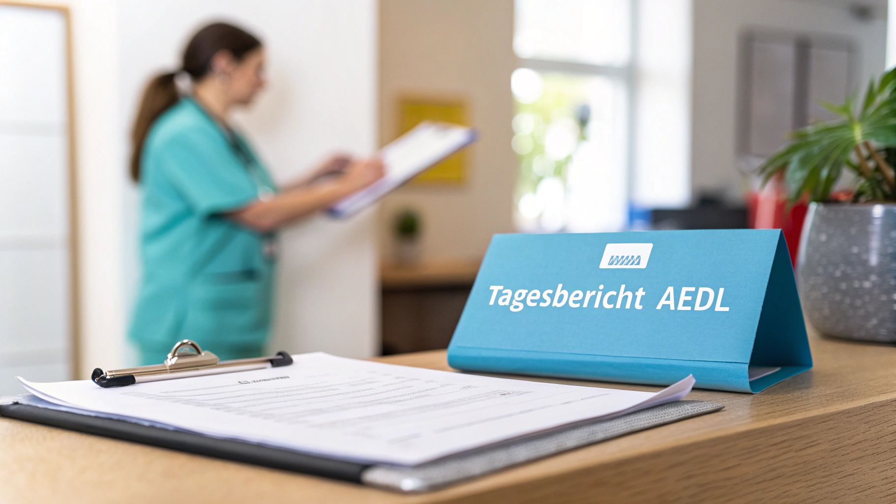 Nahaufnahme eines Schreibtisches mit Klemmbrett, Papieren und einem Schild mit der Aufschrift „Tagesbericht AEDL“. Eine Pflegekraft ist im Hintergrund unscharf zu sehen.