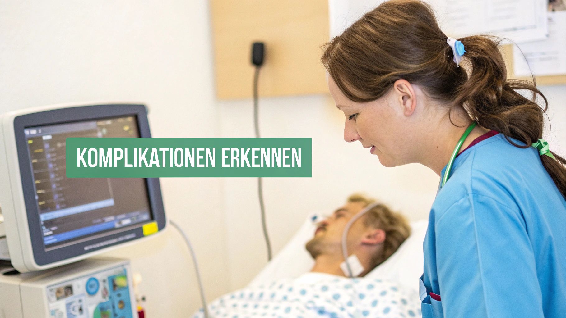 Krankenschwester überwacht einen Patienten im Krankenhausbett und medizinische Geräte mit der Aufschrift 'KOMPLIKATIONEN ERKENNEN'.