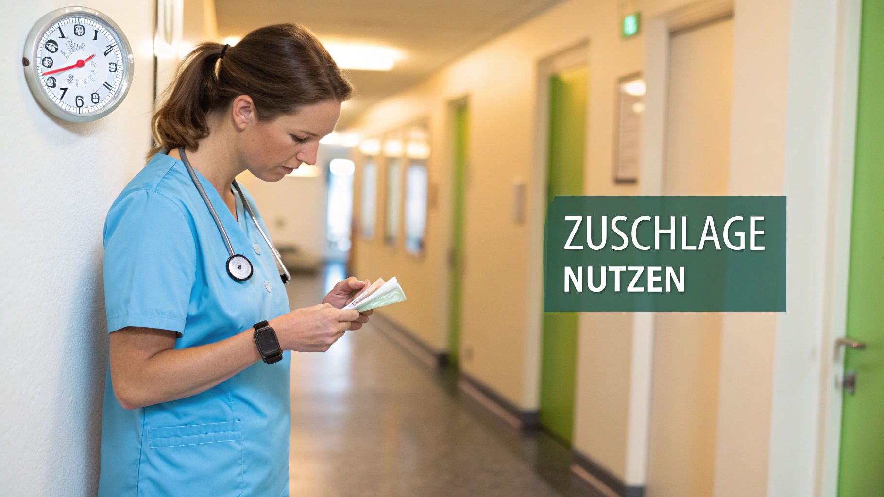 Pflegefachkraft in hellblauem Kittel im Krankenhausflur, die Dokumente prüft, mit einer Uhr an der Wand.