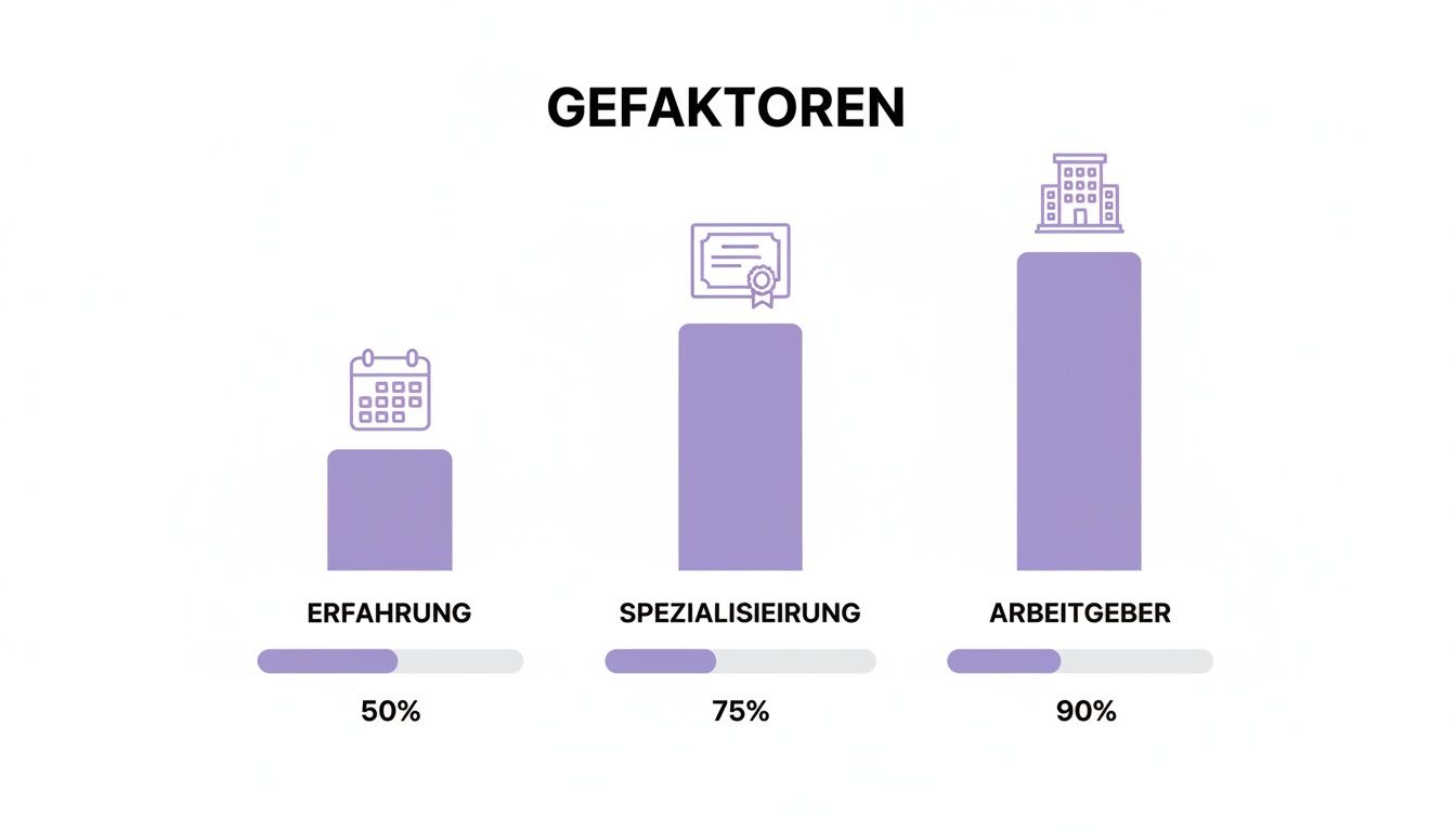Infografik zeigt Gehaltsfaktoren: Erfahrung (50%), Spezialisierung (75%) und Arbeitgeber (90%) als Balkendiagramm.