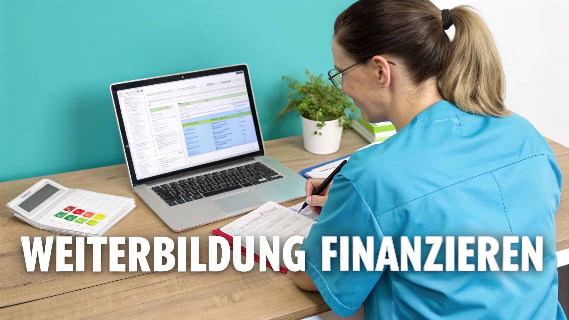 Eine Krankenschwester sitzt am Schreibtisch, arbeitet am Laptop und notiert sich etwas, bezogen auf Weiterbildung.
