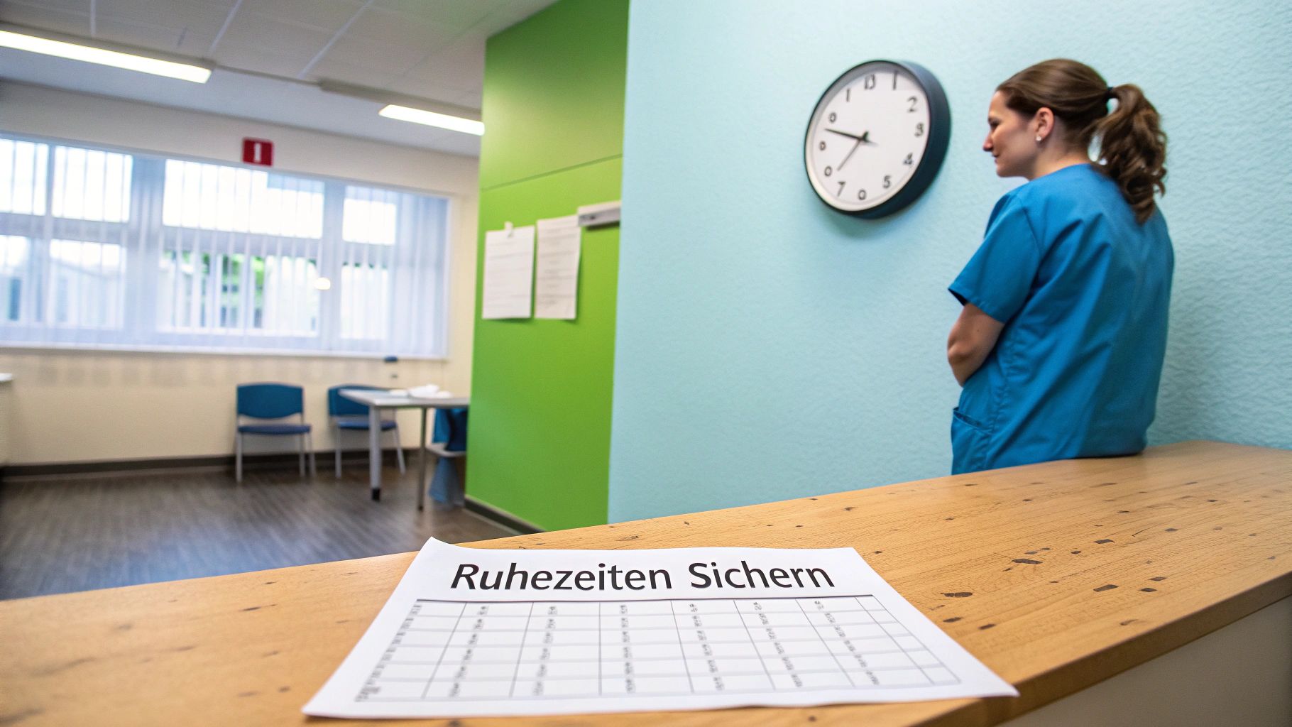 Eine Pflegekraft blickt nachdenklich aus einem Fenster.