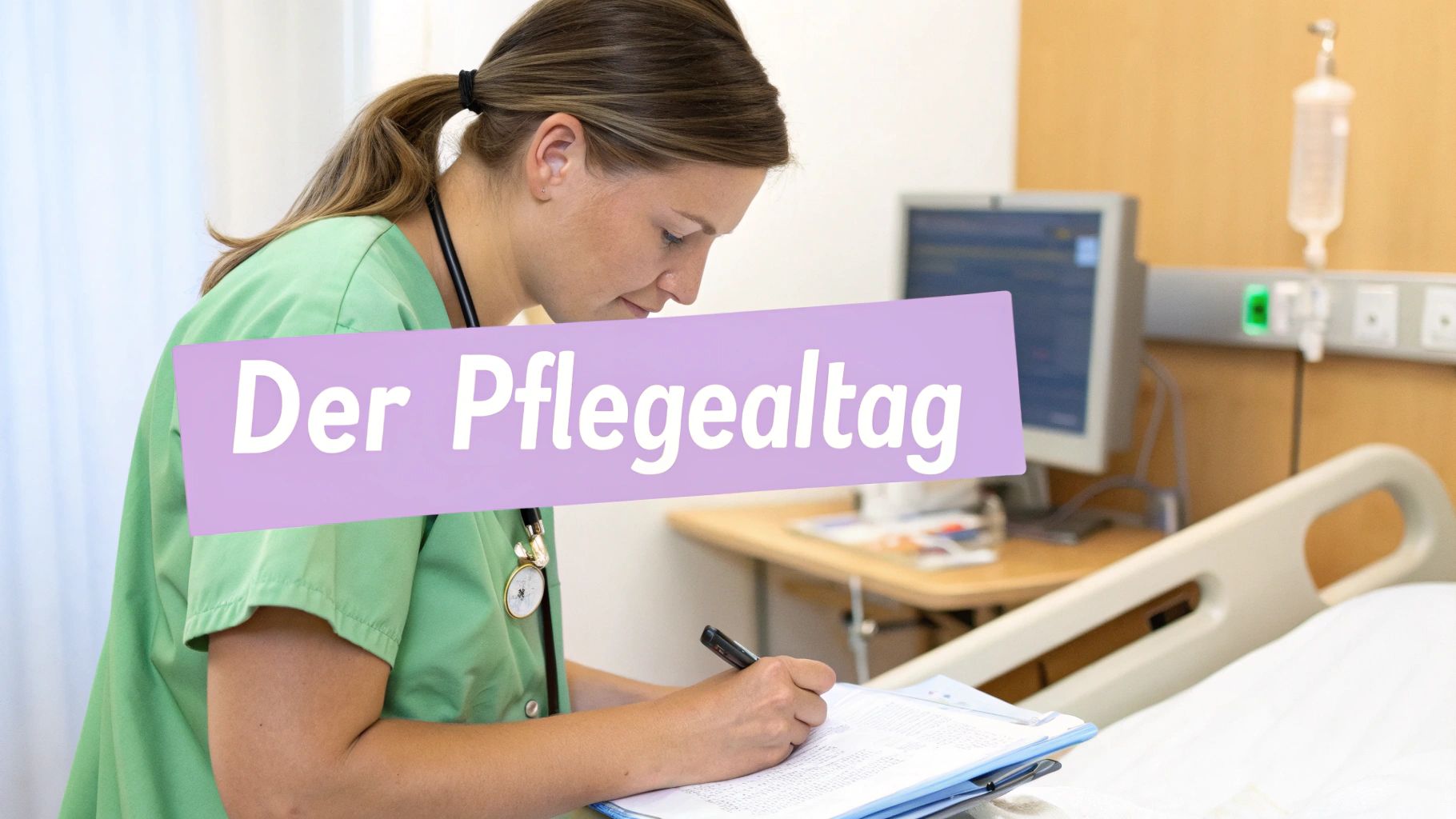 Krankenpflegerin in grüner Arbeitskleidung dokumentiert Pflegeleistungen auf Klemmbrett im Patientenzimmer