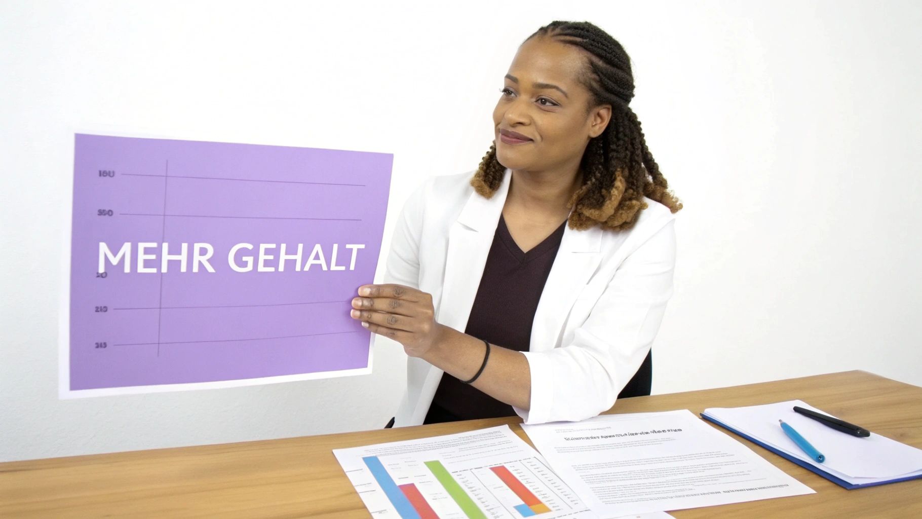 Frau hält ein lila Schild mit der Aufschrift „MEHR GEHALT“, sitzt an einem Schreibtisch mit Dokumenten und lächelt.