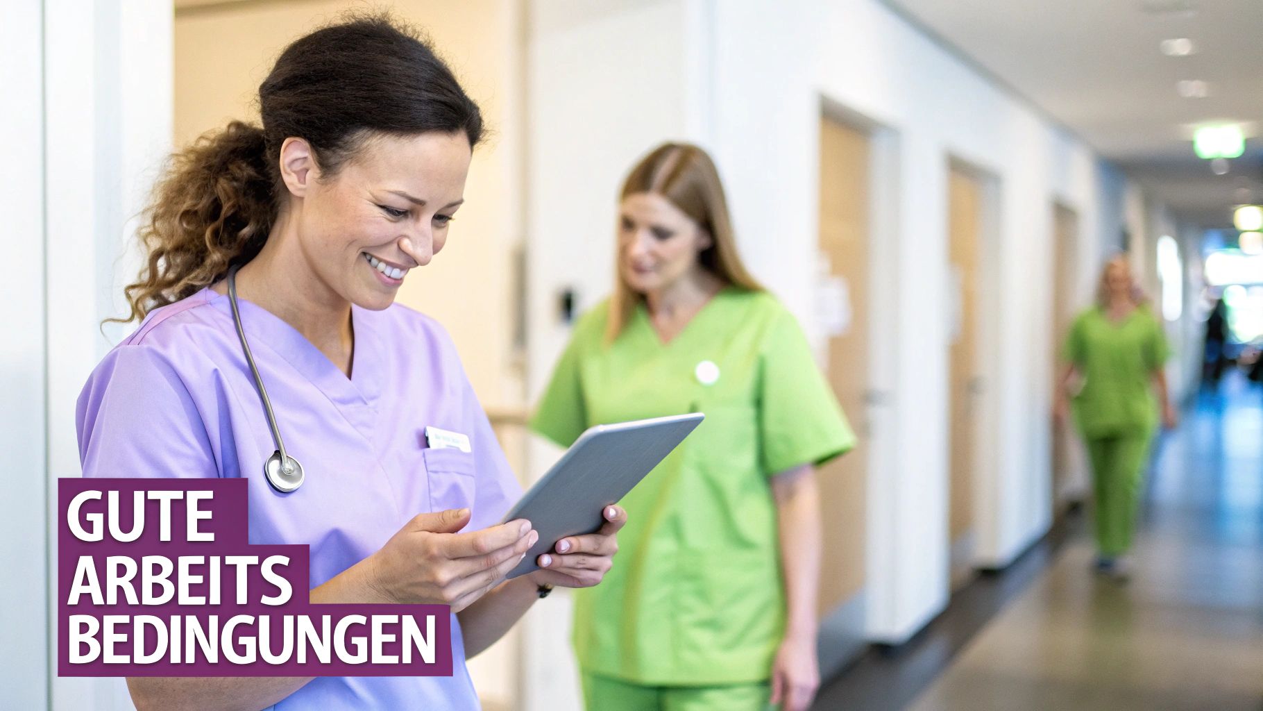 Lächelnde Krankenschwester in lila Kasack mit Stethoskop und Tablet in einem Krankenhausflur, weitere Pflegekräfte im Hintergrund.