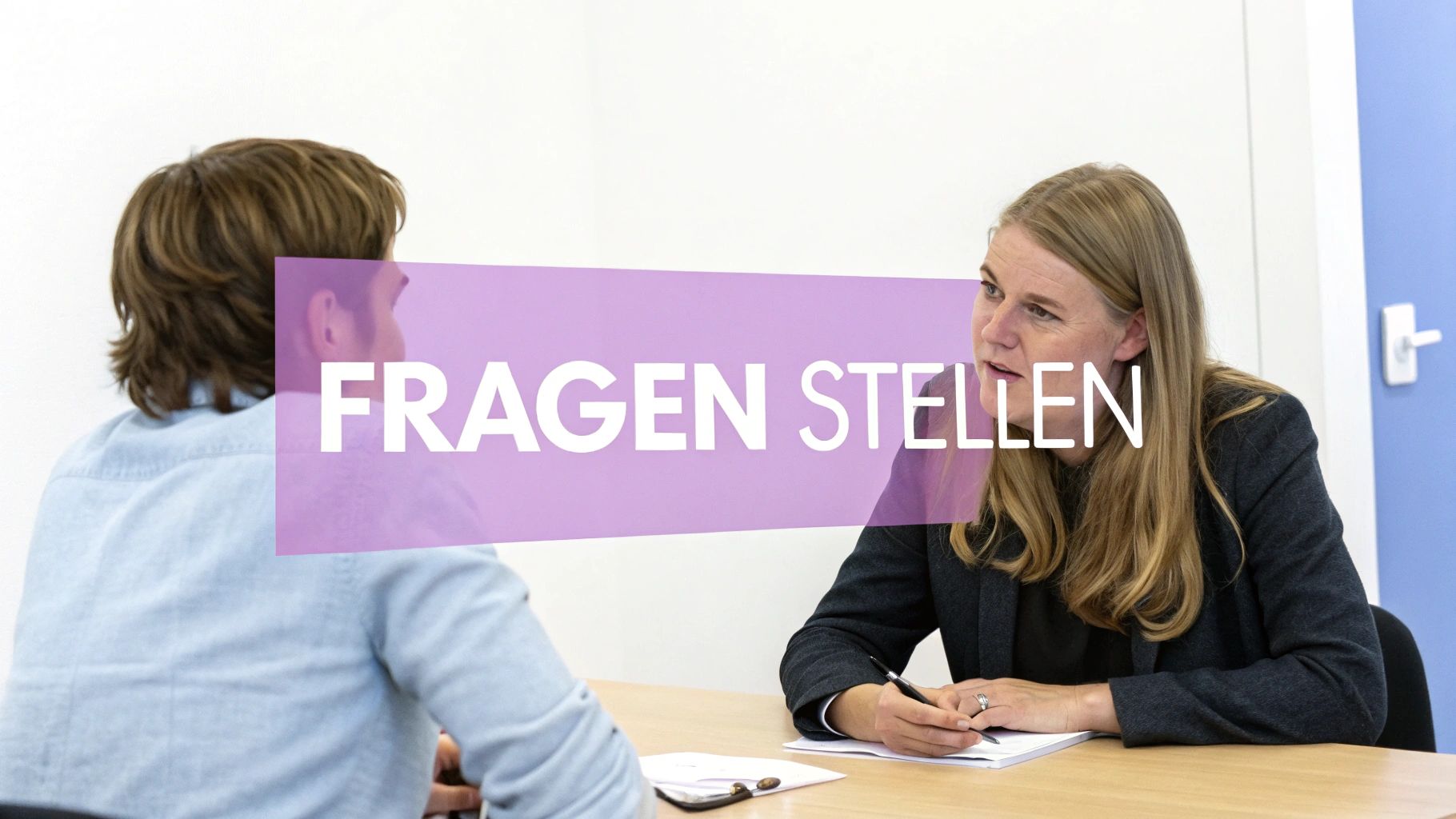 Eine Frau und ein Mann sitzen an einem Tisch; die Frau schaut den Mann an und macht Notizen. Ein lilafarbener Textbalken mit der Aufschrift „FRAGEN STELLEN“ ist überlagert.