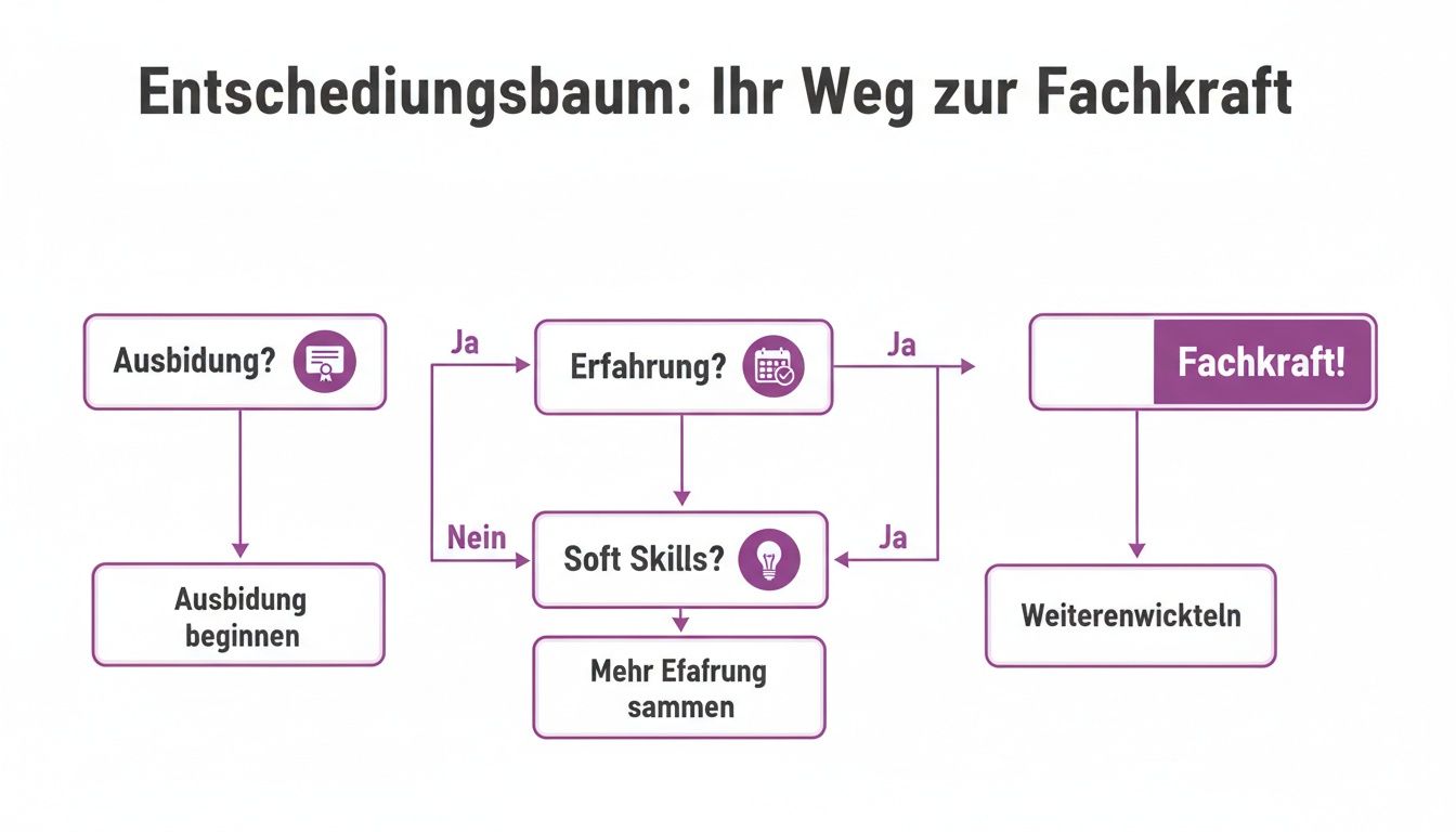 Entscheidungsbaum visualisiert den Weg zur Fachkraft mit Fragen zu Ausbildung, Erfahrung und Soft Skills.