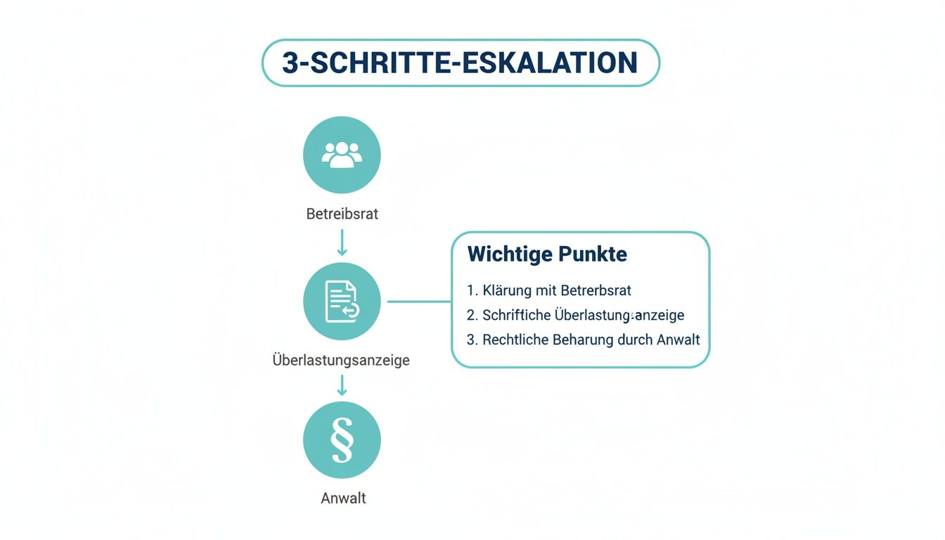 Ein Flussdiagramm illustriert die 3-Schritte-Eskalation bei Überlastung: Betriebsrat, Überlastungsanzeige, Anwalt sind die Stationen.