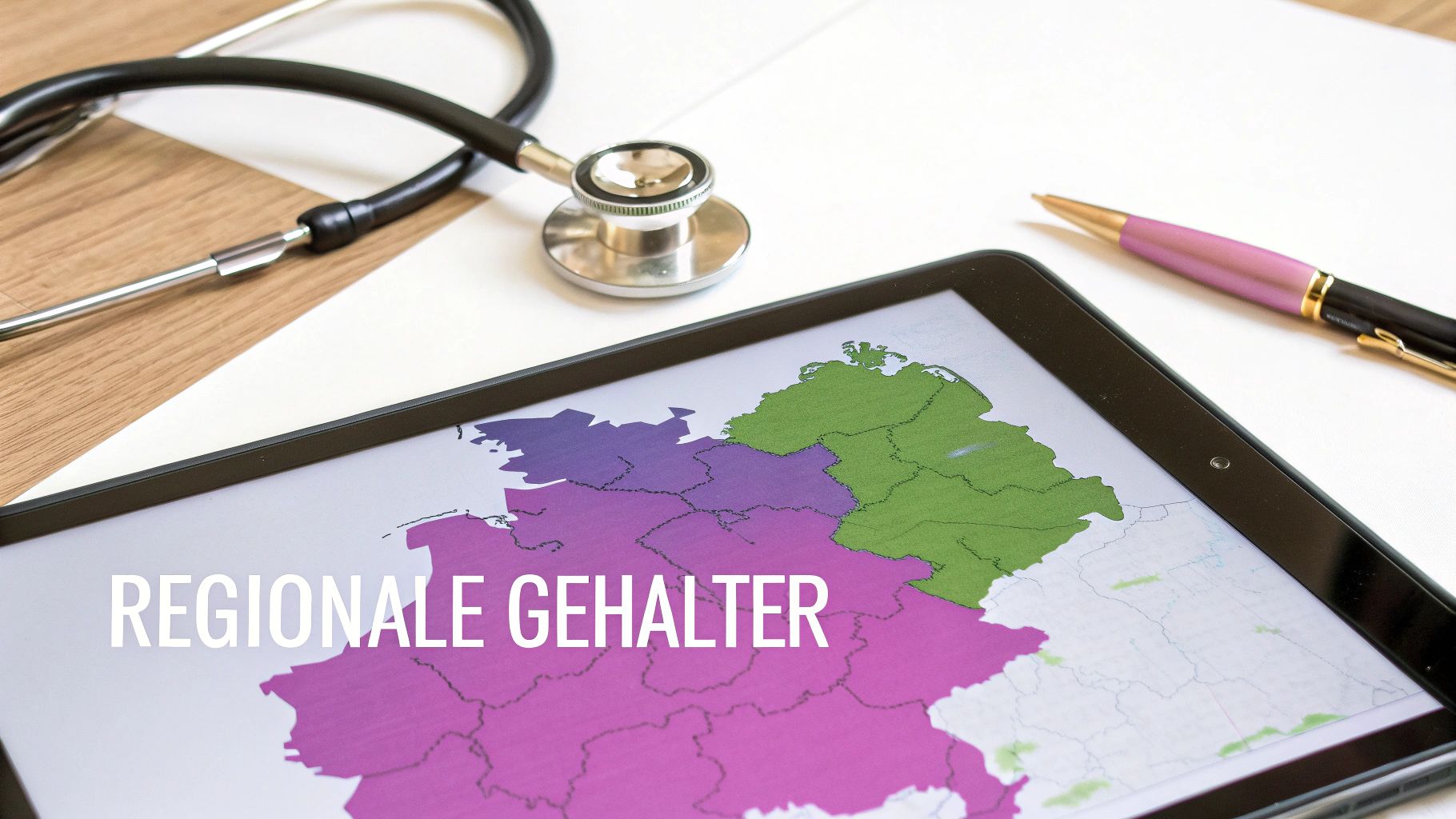 Tablet zeigt Karte Deutschlands mit regionalen Gehältern, Stethoskop und Stift für medizinische Einkommensanalyse.