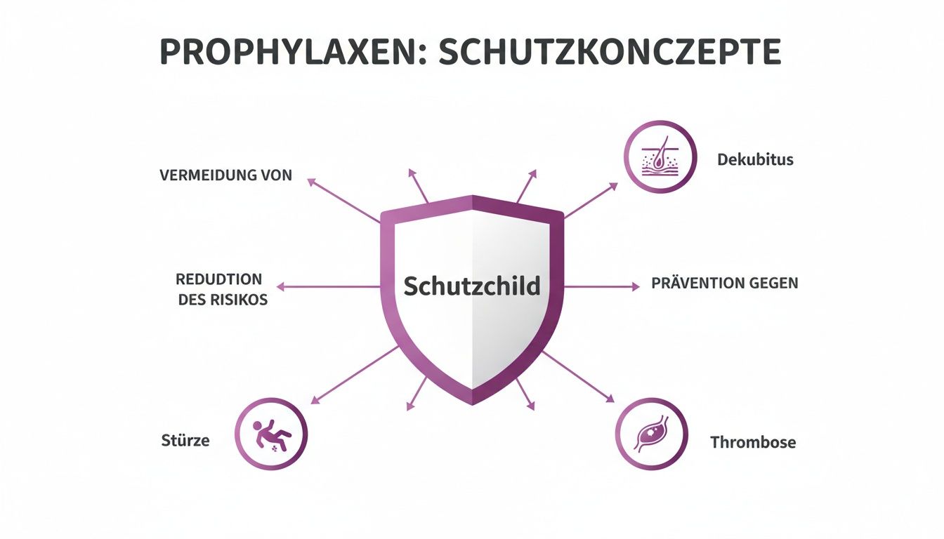 Eine Grafik zeigt ein Schutzschild als Kern von Prophylaxen und Schutzkonzepten gegen Dekubitus, Stürze und Thrombose.