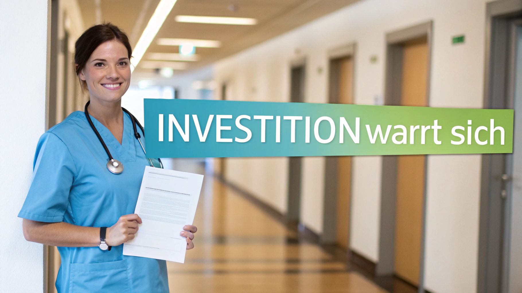 Lachende Krankenschwester im Kittel mit Stethoskop und Papieren in einem Krankenhausflur, mit Schriftzug.