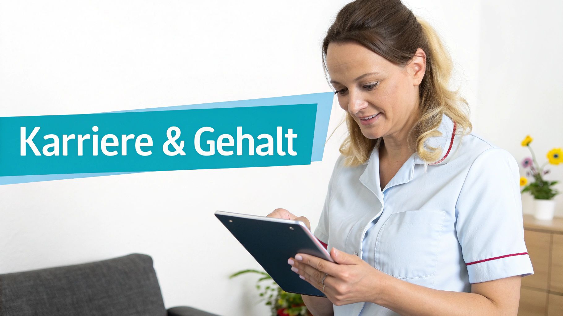 Lachende Alltagsbetreuerin in Uniform prüft Unterlagen auf einem Tablet, über ihr schwebt der Schriftzug 'Karriere & Gehalt'.