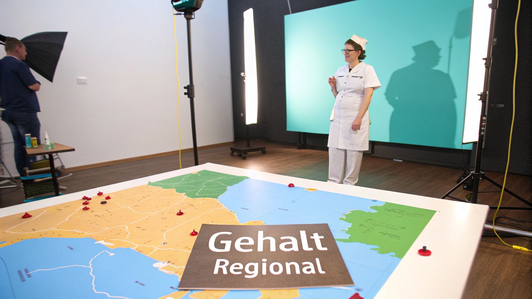 Eine Krankenschwester posiert vor einem Greenscreen mit einer Karte „Gehalt Regional“ und Film equipment.