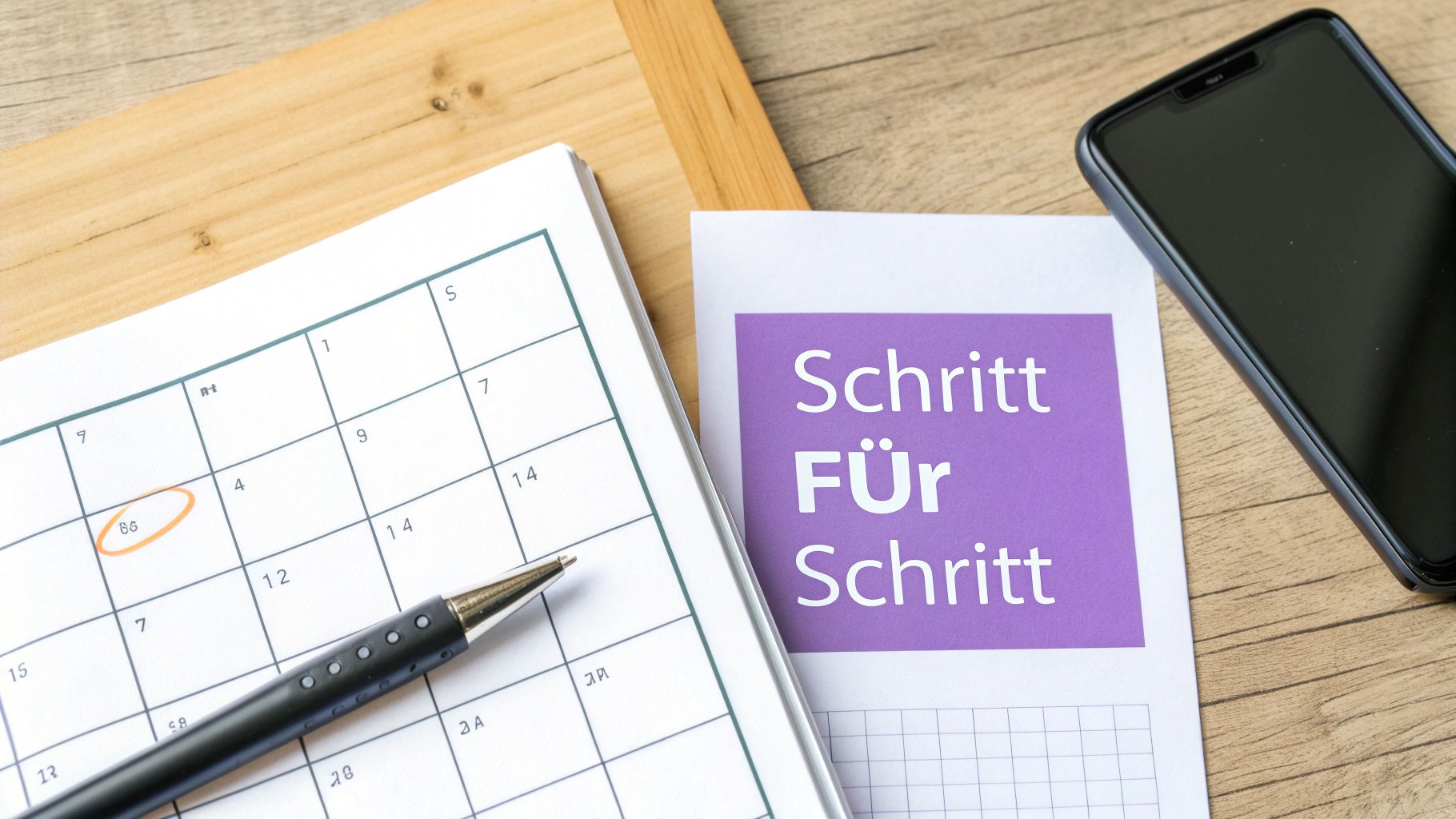 Kalender, Stift, Notizblatt 'Schritt FÜR Schritt' und Smartphone auf Holztisch.