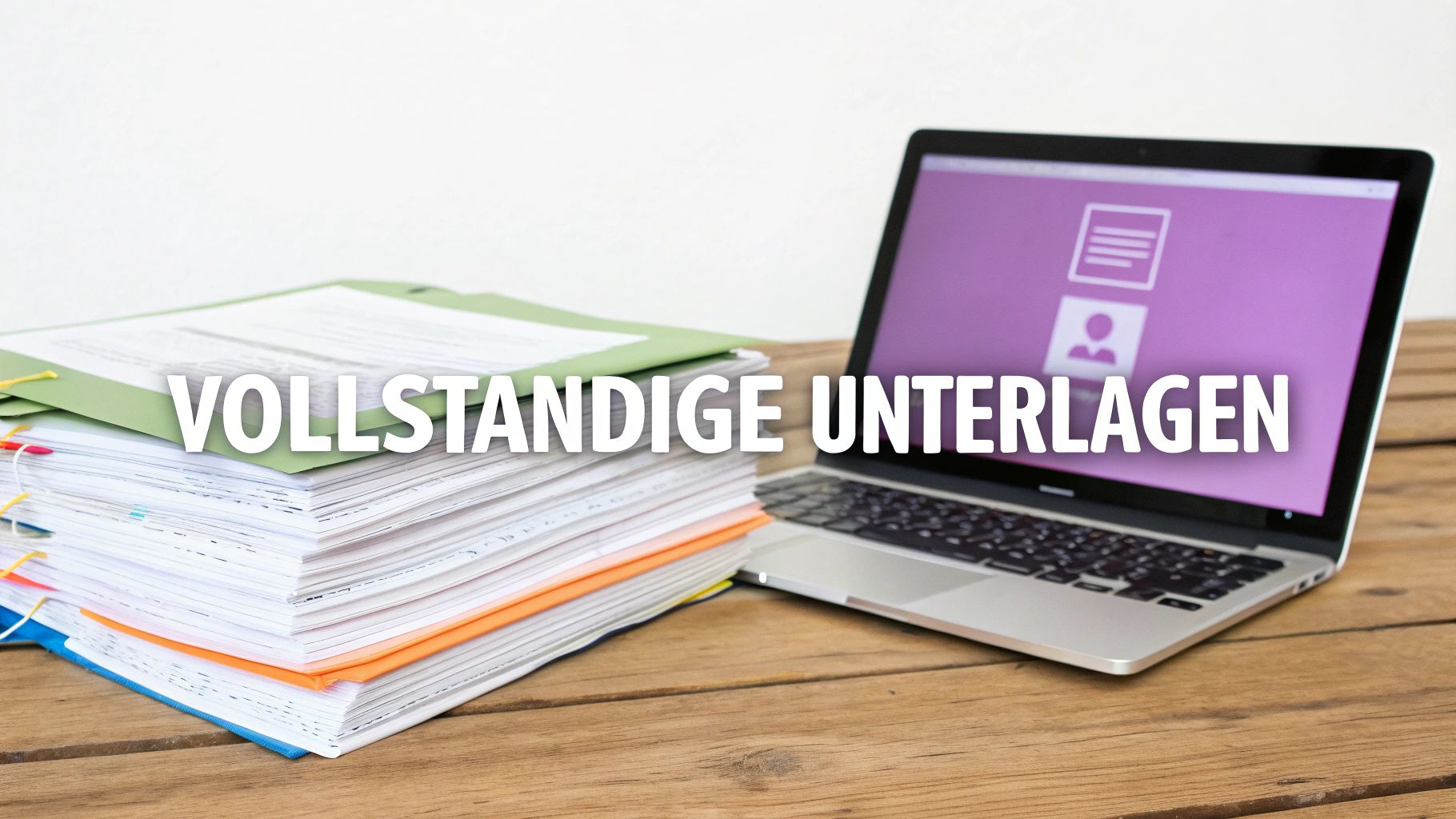 Ein Stapel von Unterlagen in Ordnern neben einem Laptop auf einem Holztisch, mit dem Text "Vollständige Unterlagen".