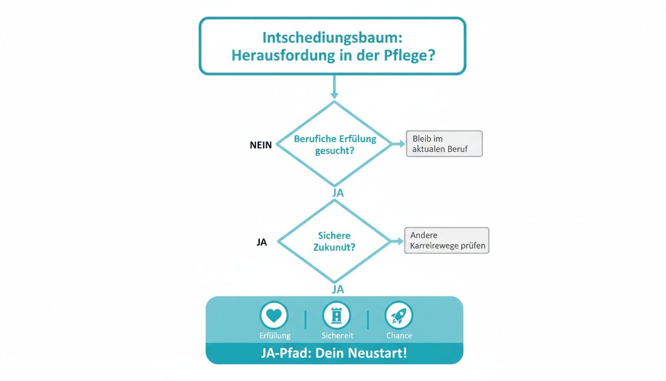 Flussdiagramm zum Entscheidungsbaum für berufliche Erfüllung und sichere Zukunft in der Pflege.