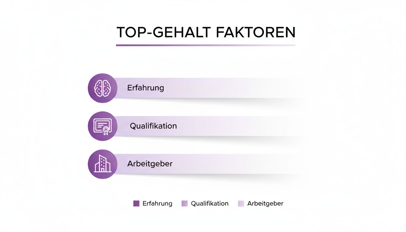 Übersicht der Top-Gehaltsfaktoren: Erfahrung, Qualifikation und Arbeitgeber, dargestellt mit Symbolen und Legende.