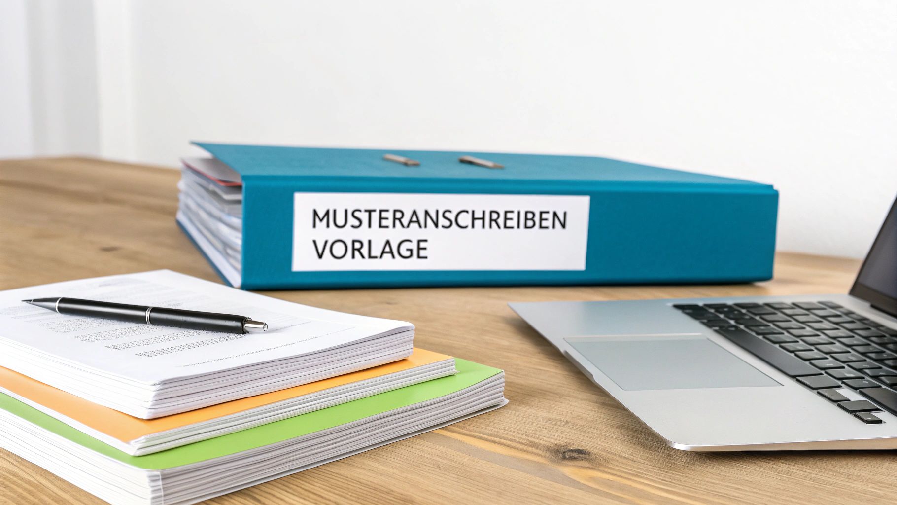 Büroarbeitsplatz mit Ordner 'MUSTERANSCHREIBEN VORLAGE', Dokumenten, Stift und Laptop auf Holztisch.