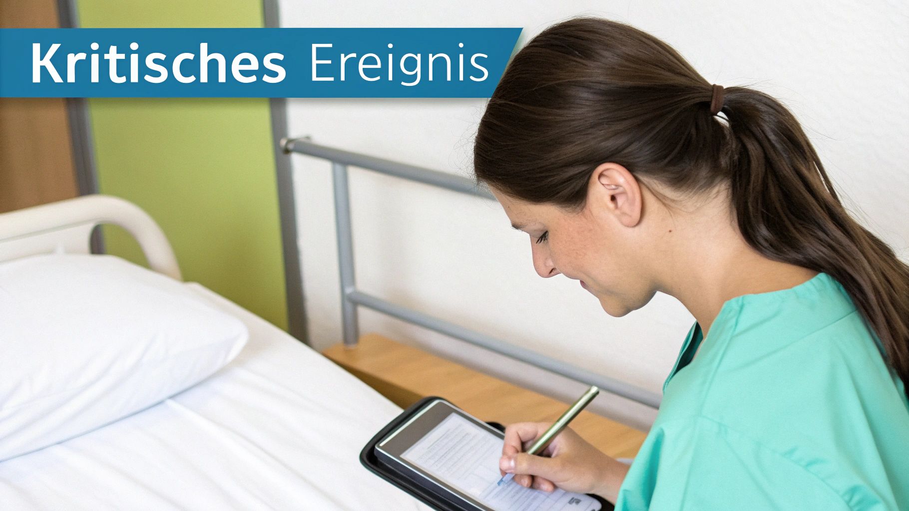 Eine Pflegekraft dokumentiert ein kritisches Ereignis auf einem Tablet in einem Patientenzimmer.