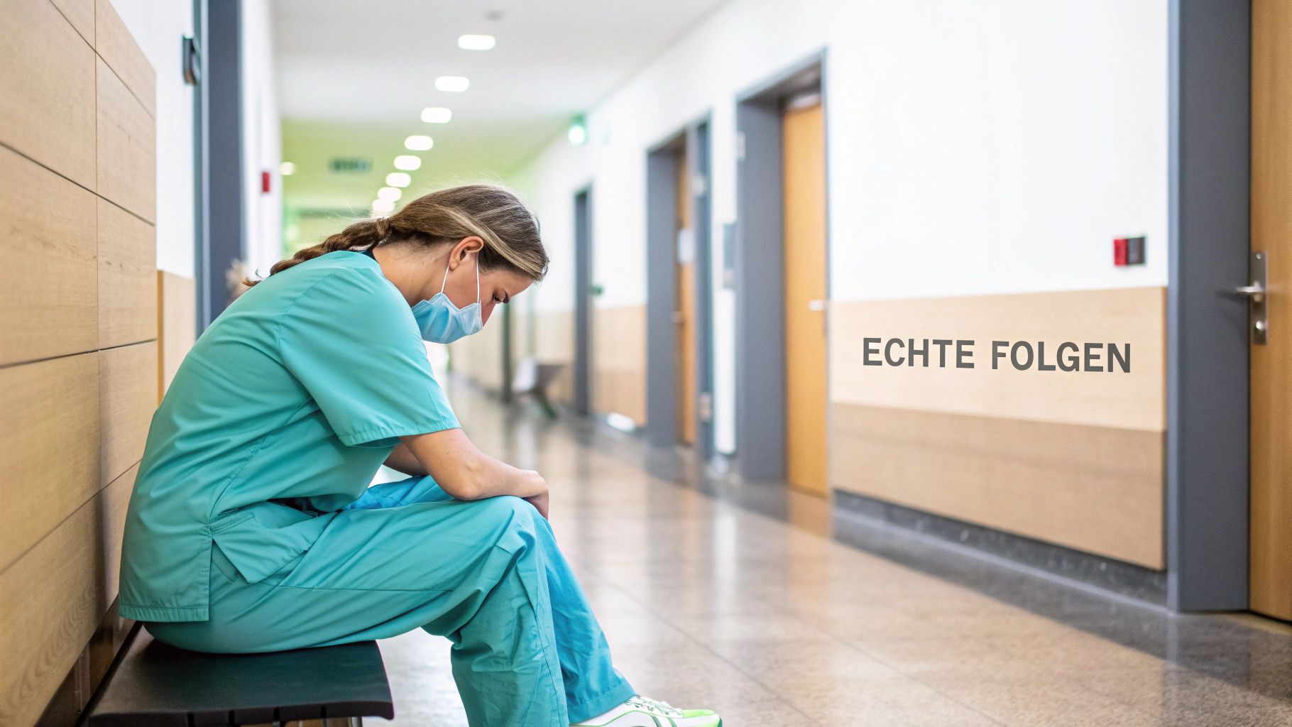 Erschöpfte Krankenschwester in türkiser Uniform sitzt verzweifelt im Krankenhausflur mit Personalmangel