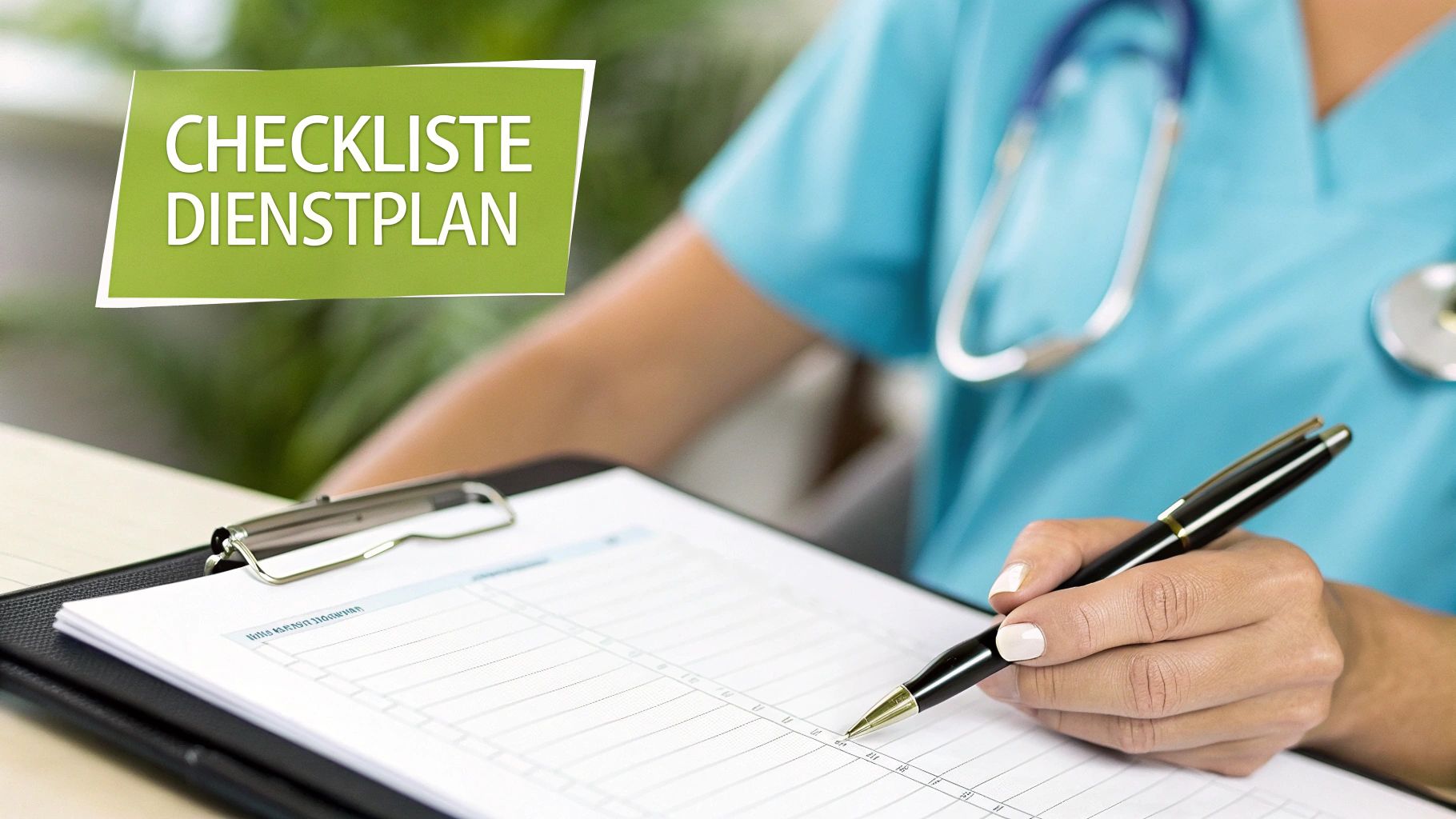 Eine medizinische Fachkraft füllt einen Dienstplan aus, mit der Aufschrift 'Checkliste Dienstplan' im Vordergrund.