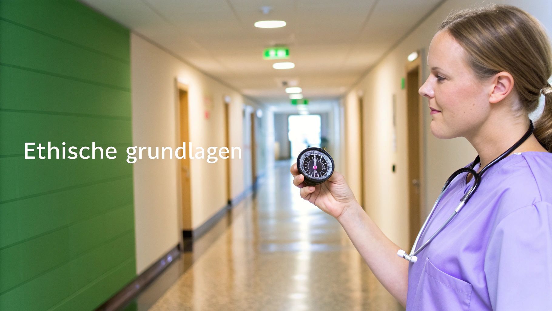 Krankenschwester in lila Kasack hält Kompass im Krankenhausflur, daneben der Text 'Ethische grundlagen'.