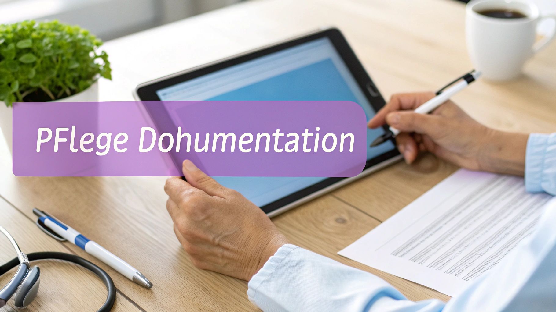 Hände nutzen ein Tablet und einen Stift für digitale Pflegedokumentation. Eine Pflanze und eine Kaffeetasse sind im Hintergrund.